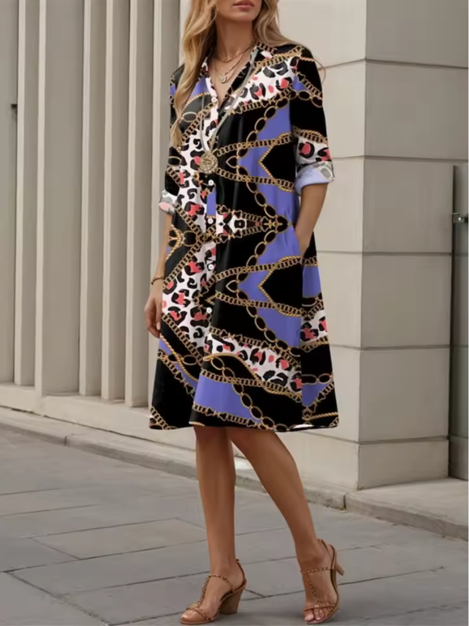 Olivia - Stylish Blue Geometric Stripe Midi Dress