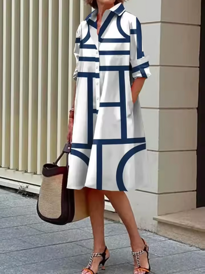 Olivia - Stylish Blue Geometric Stripe Midi Dress
