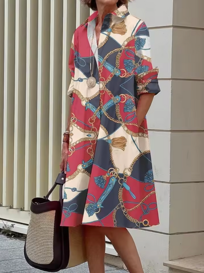 Olivia - Stylish Blue Geometric Stripe Midi Dress