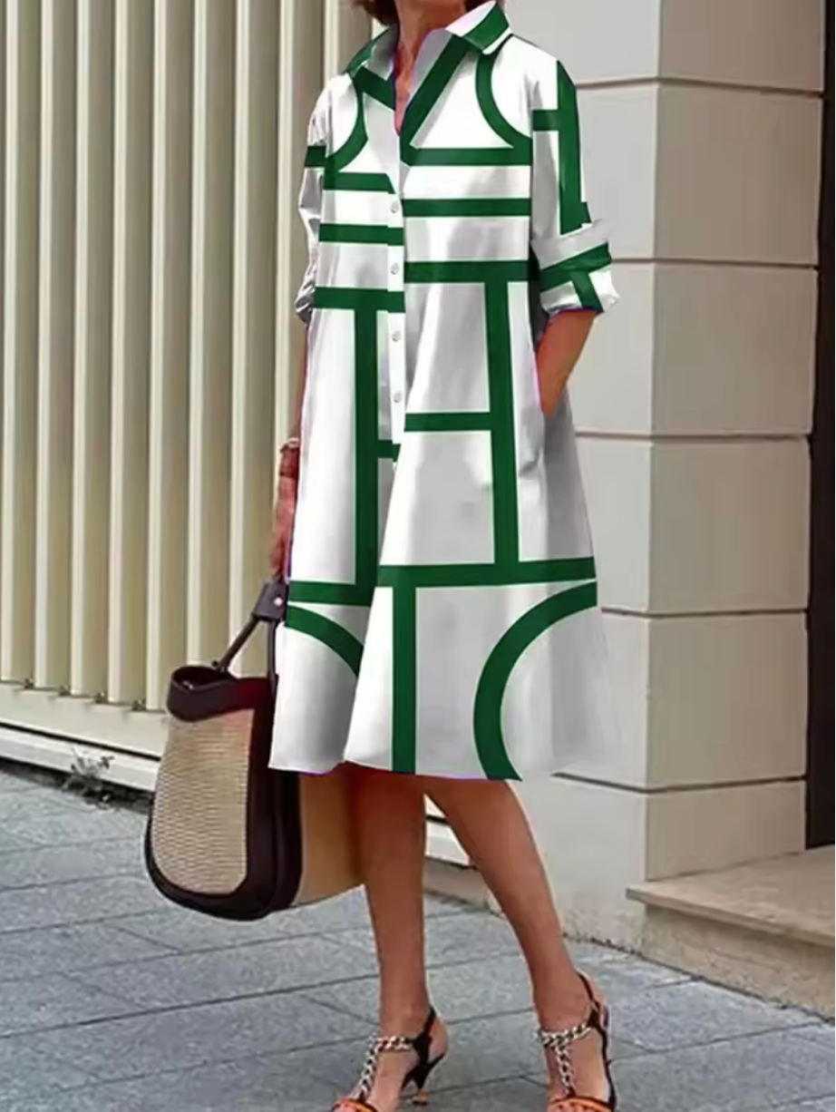 Olivia - Stylish Blue Geometric Stripe Midi Dress