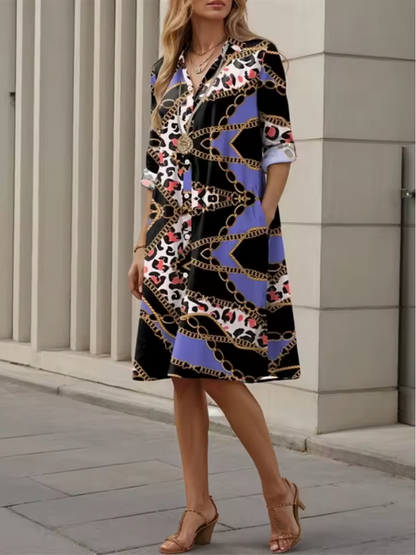 Olivia - Stylish Blue Geometric Stripe Midi Dress